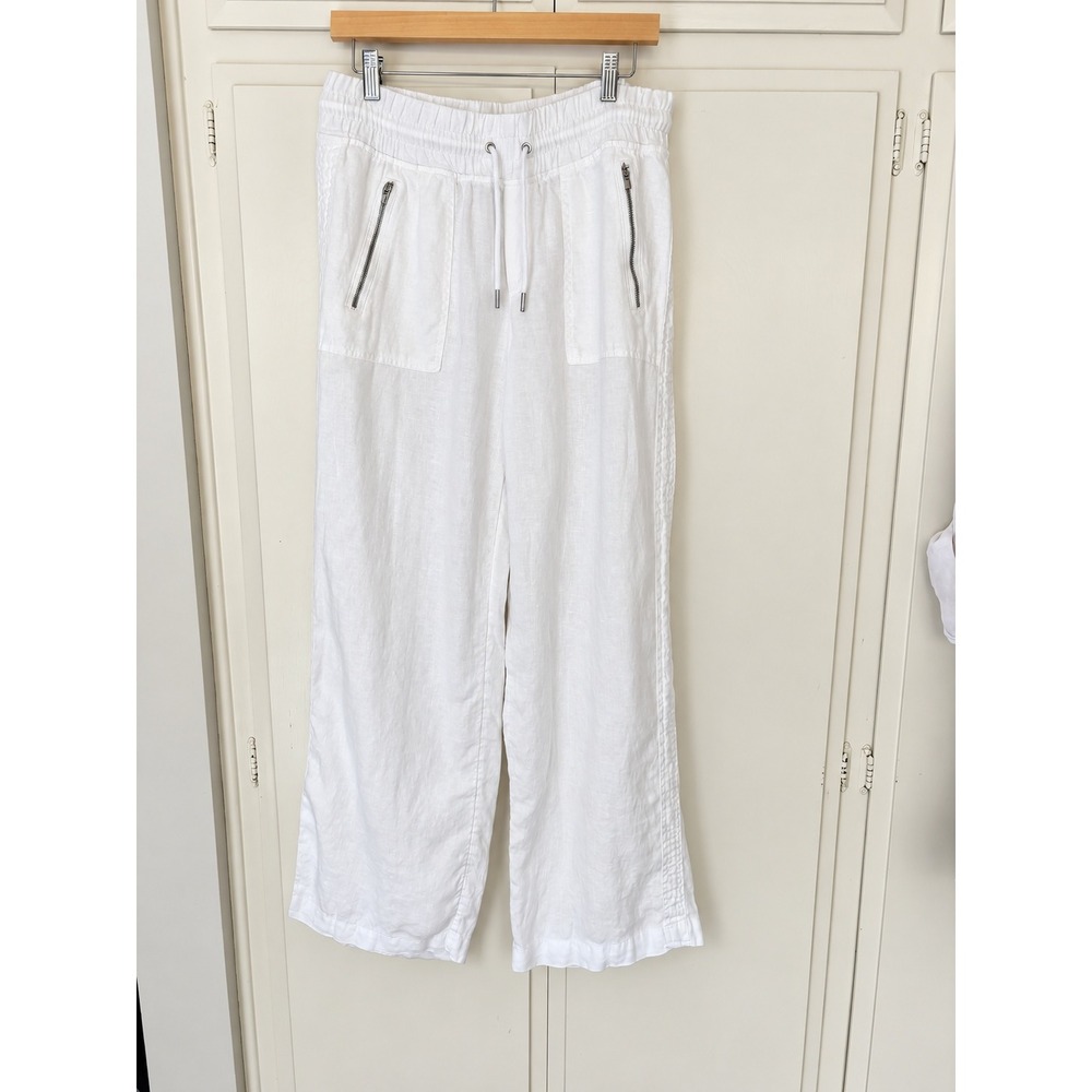Athleta Cabo Linen Wide Leg Pants White Smocked Drawstring Size 10